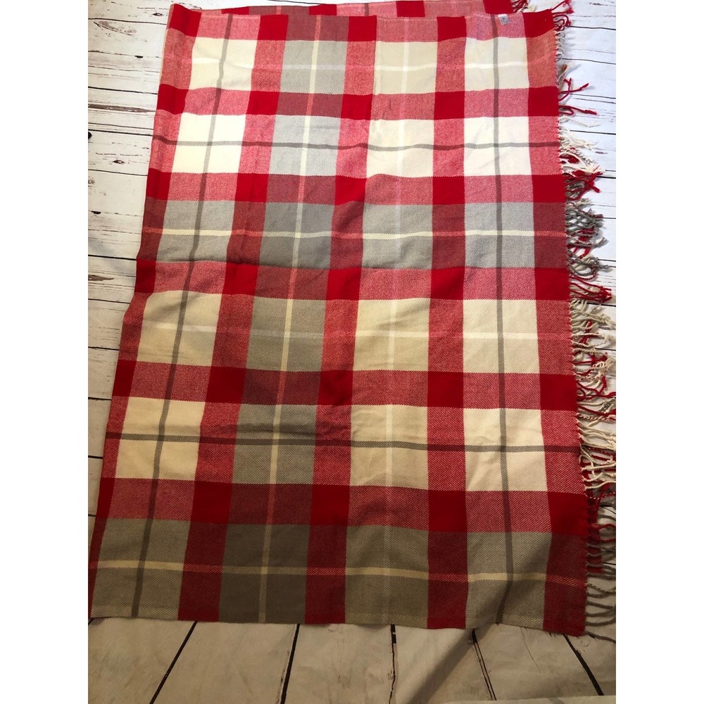 Plaid Red Neutral Acrylic Blankets with Fringe